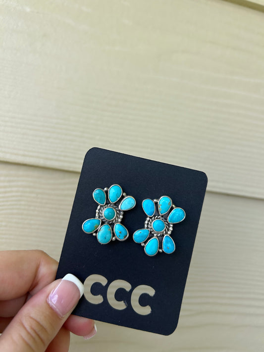 Turquoise 7-stone Flower Cluster Studs
