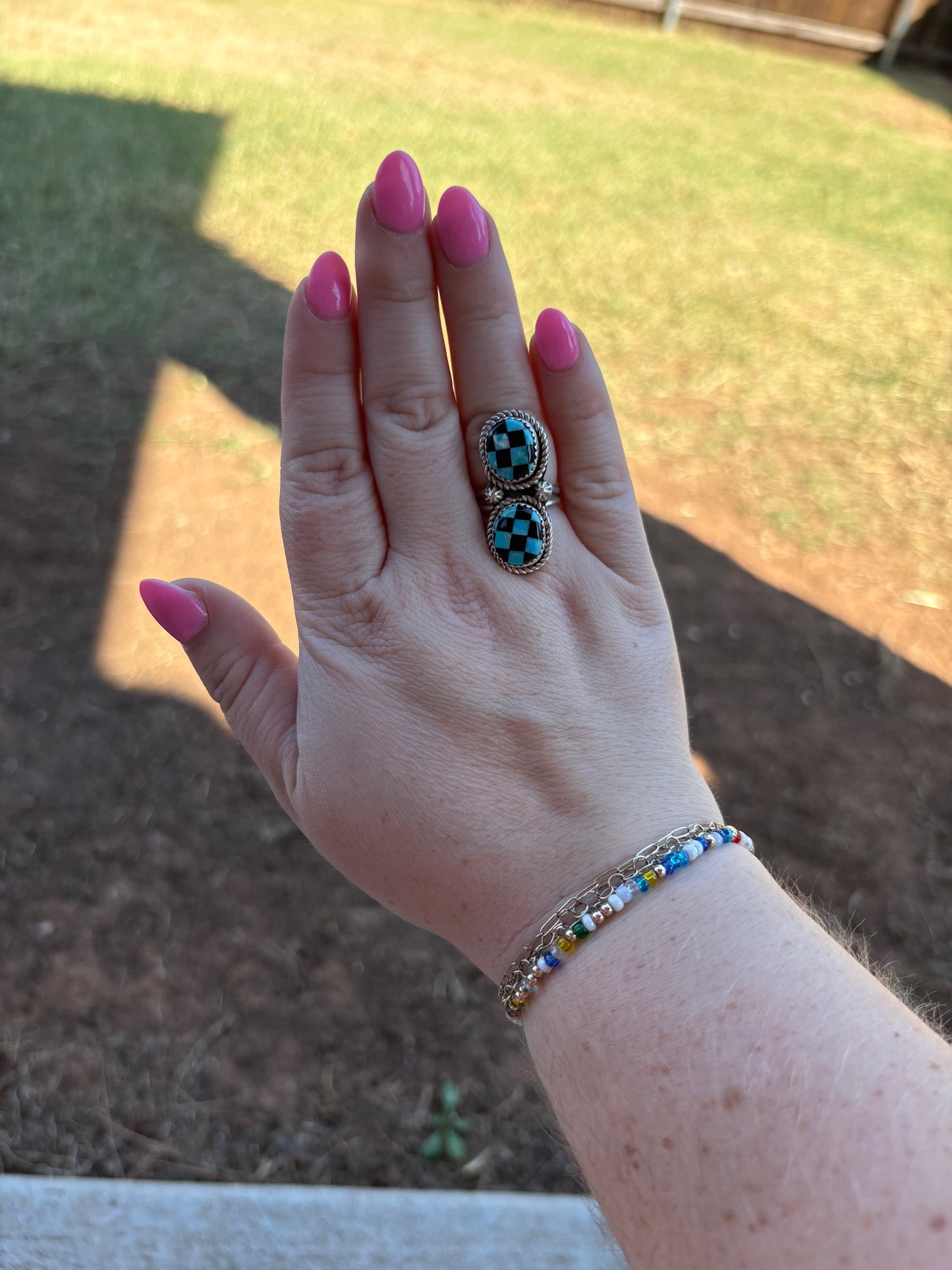Turquoise Double Checkered Ring - SIZE 9