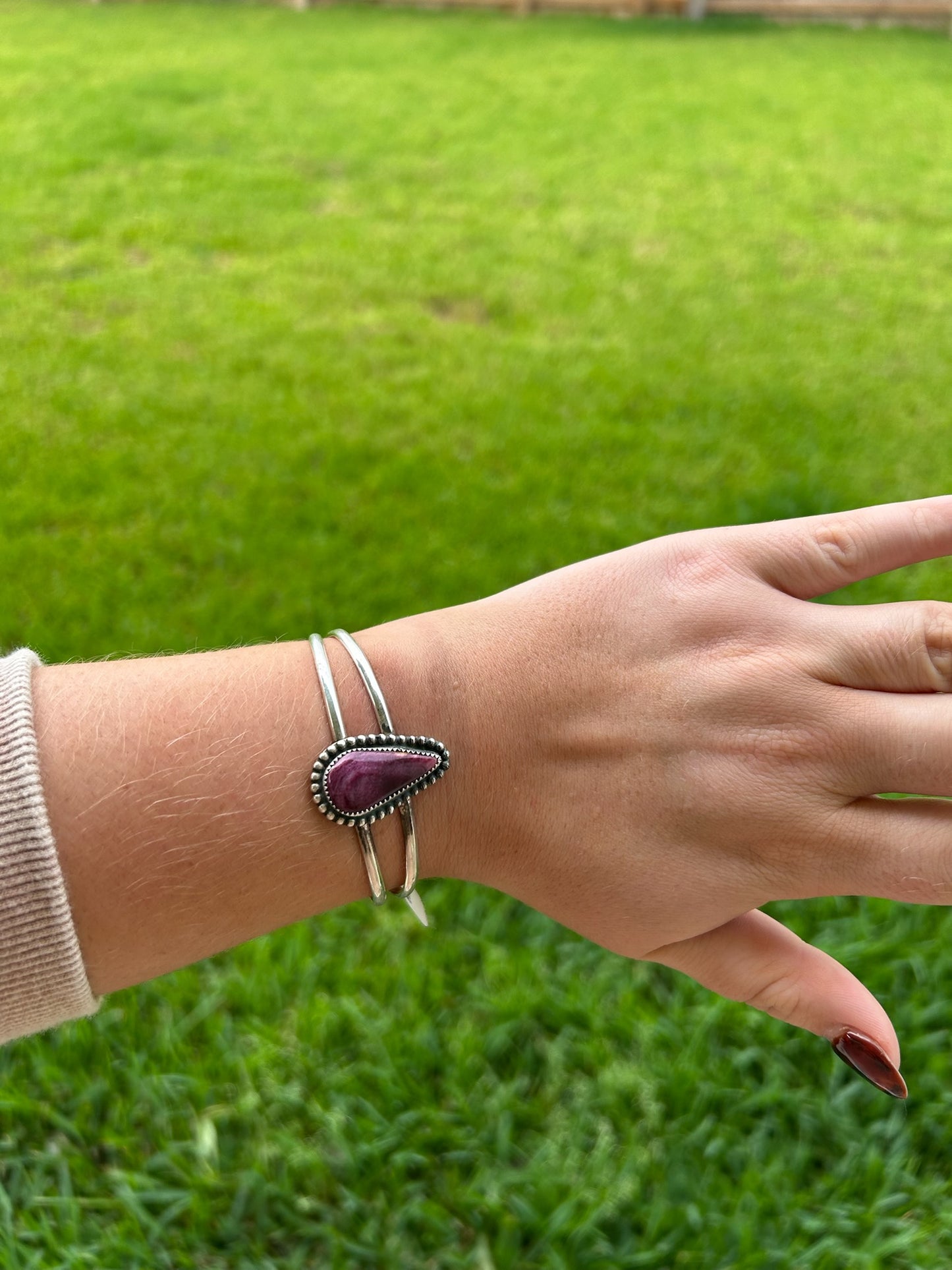 Purple Spiny Teardrop Bead Border Split Band Cuff