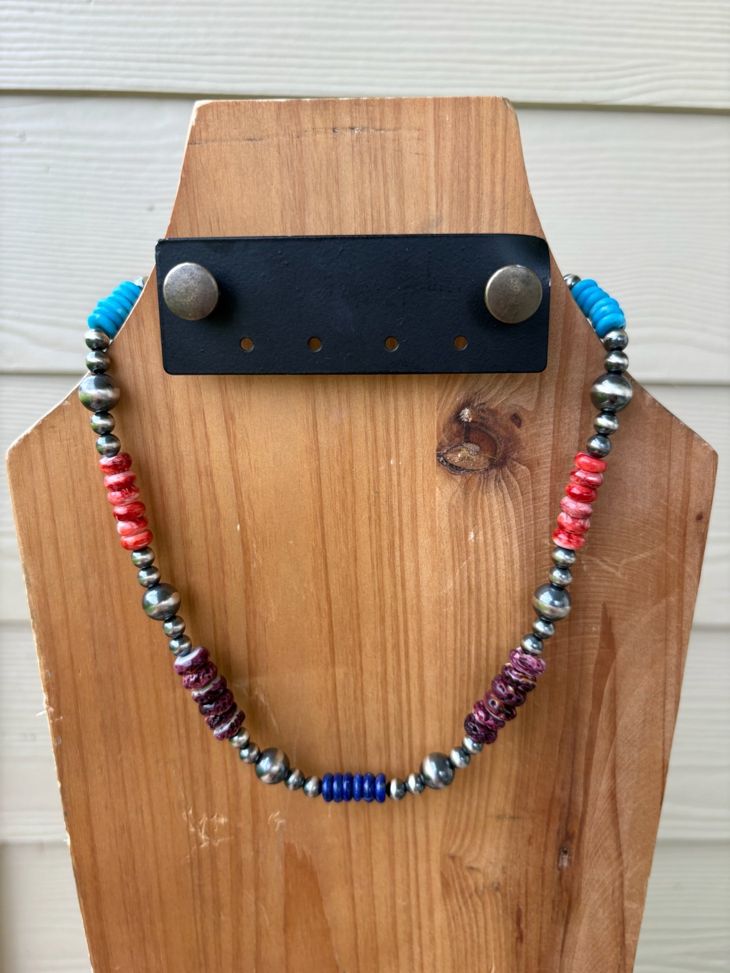 Multi-Stone Block and Variated Sterling Pearls Necklace - 18"
