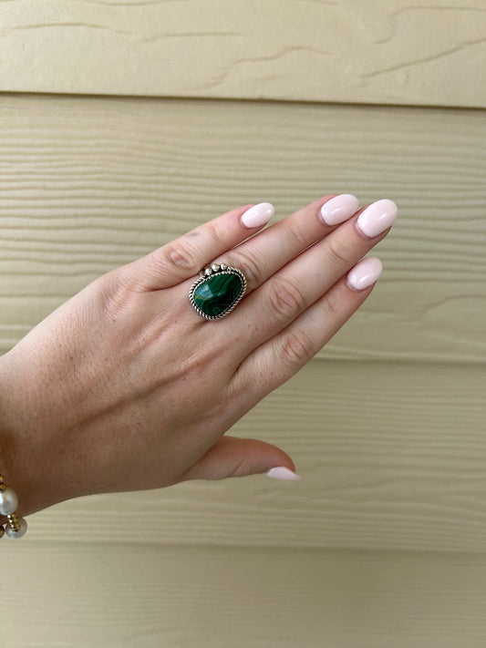 Malachite Teardrop Ring with Detail - SIZE 8