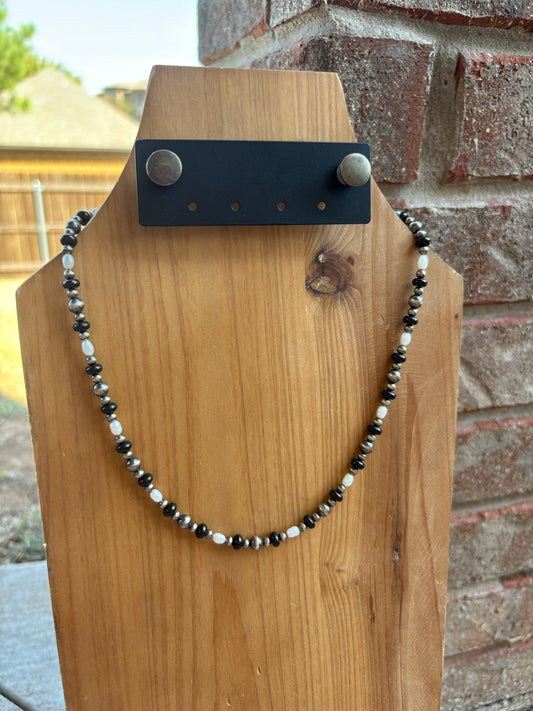 17.5" Black Onyx, Sterling, and Freshwater Pearl Necklace