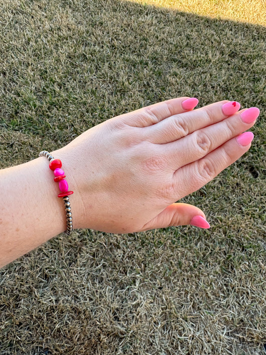 My Valentine Pink Dyed MOP and Red Coral Sterling Bracelet - 6"-7.5"