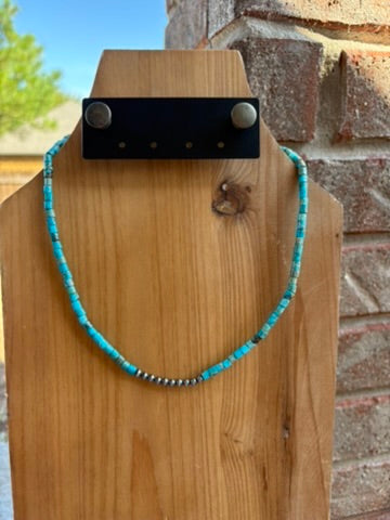 Blue Kingman Disc Necklace with 4mm Sterling Pearls - 18"