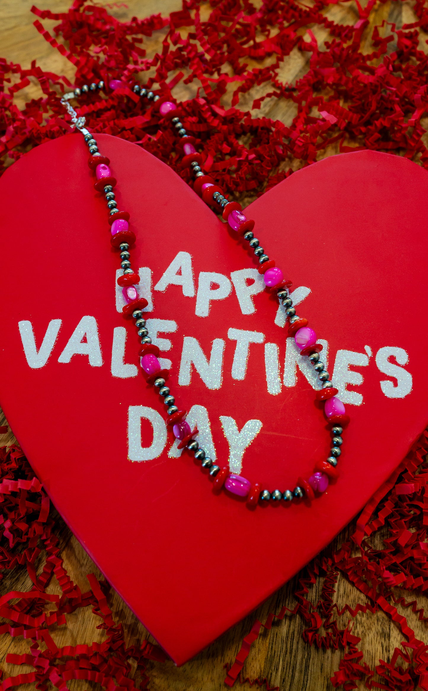 My Valentine Pink Dyed MOP and Red Coral Sterling Pearl Necklace - 18"