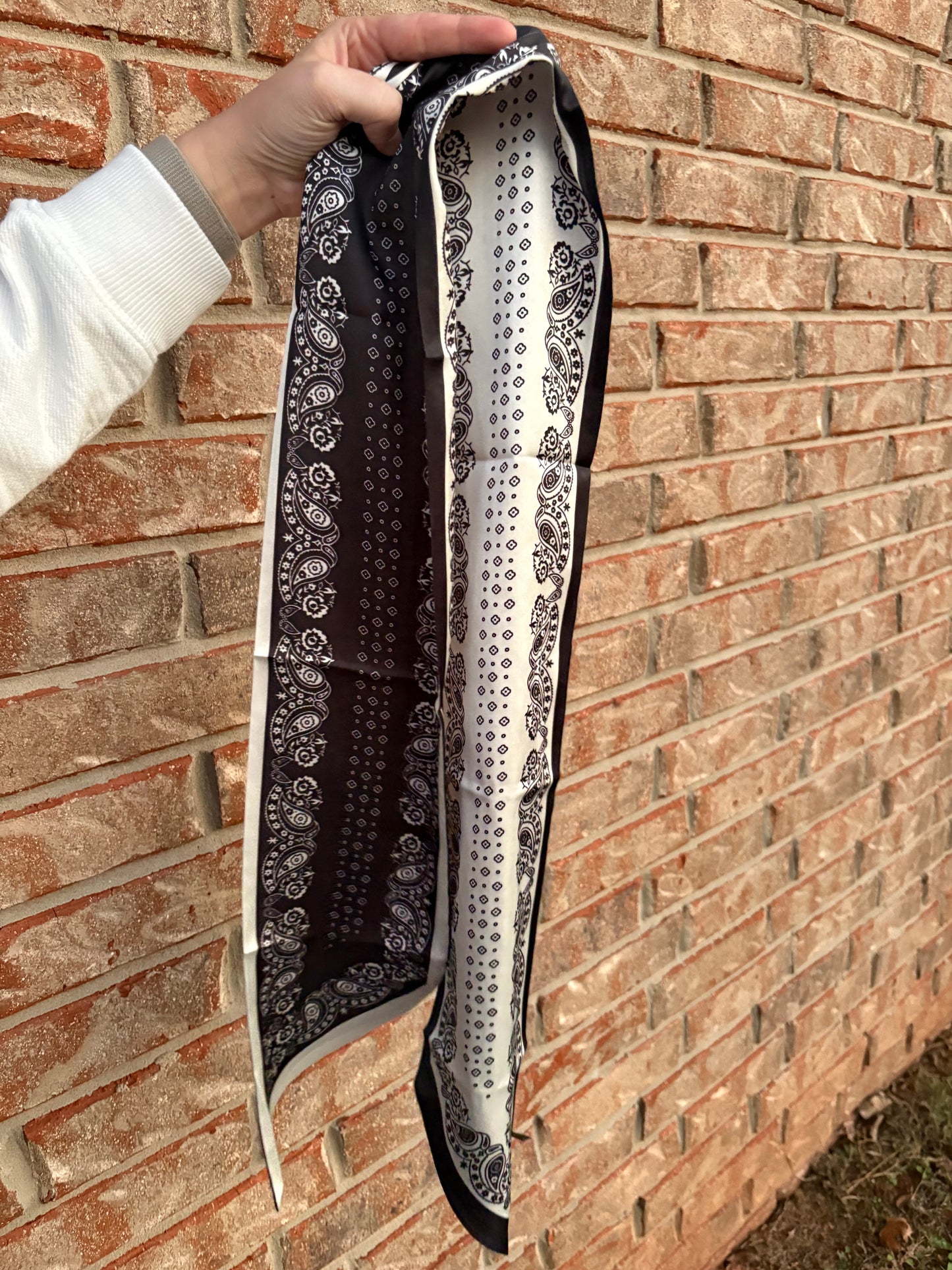 Black and White Paisley Patterned Reversible Twilly Scarf