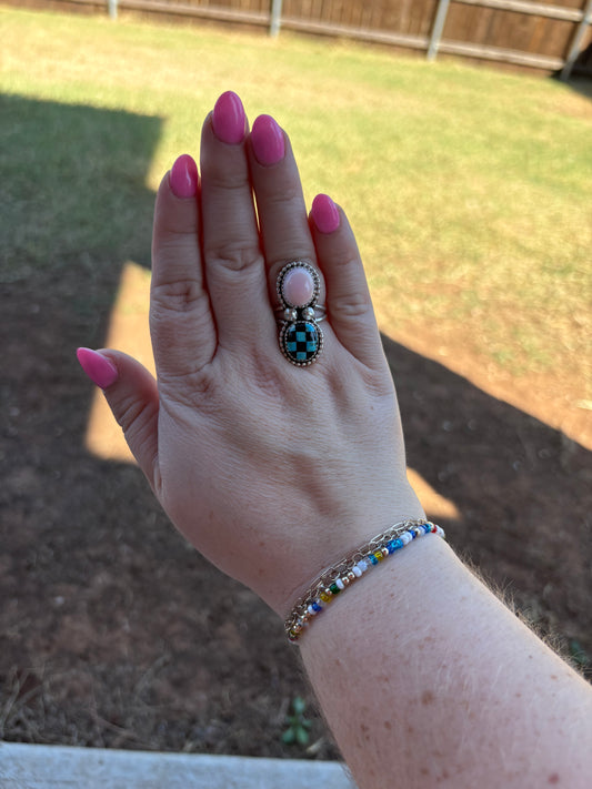 Pink Conch and Turquoise Checkered Two Stone Ring