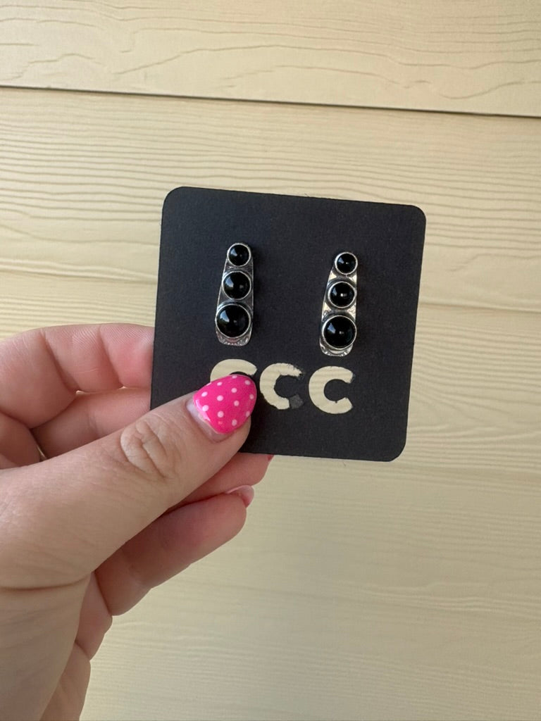 Black Onyx 3-Stone Bar Earrings