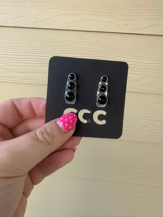 Black Onyx 3-Stone Bar Earrings
