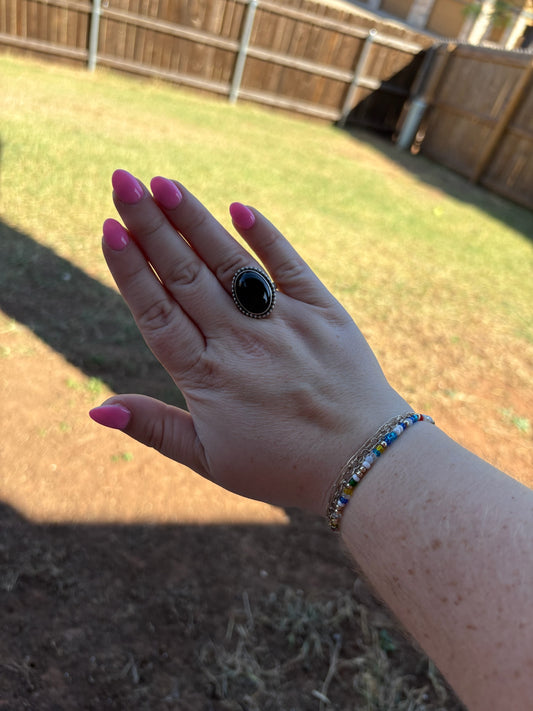 Black Onyx Medium Oval Bead Border Ring