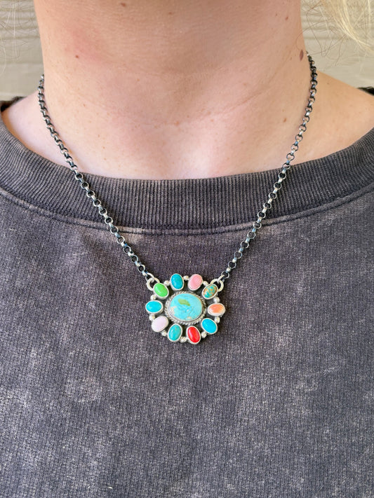 Multi-Stone Flower Cluster Necklace - 18"