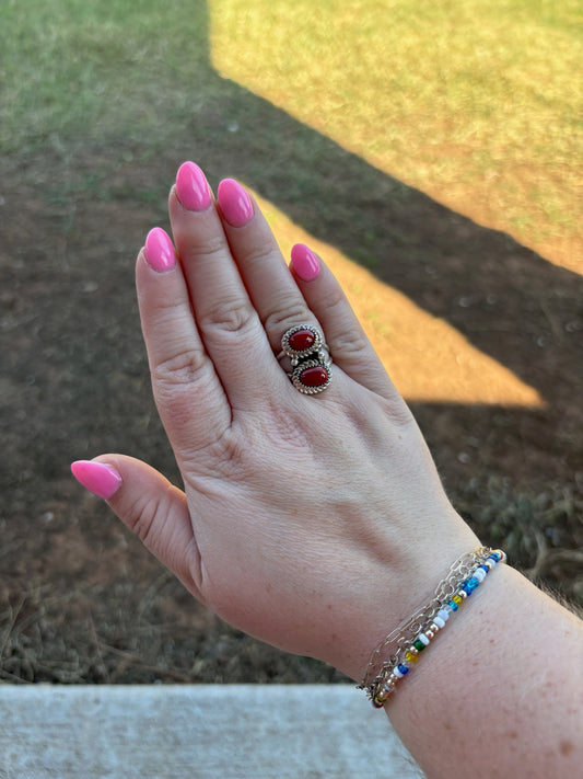 Red Coral 2-Stone Split Band Ring - SIZE 8.75