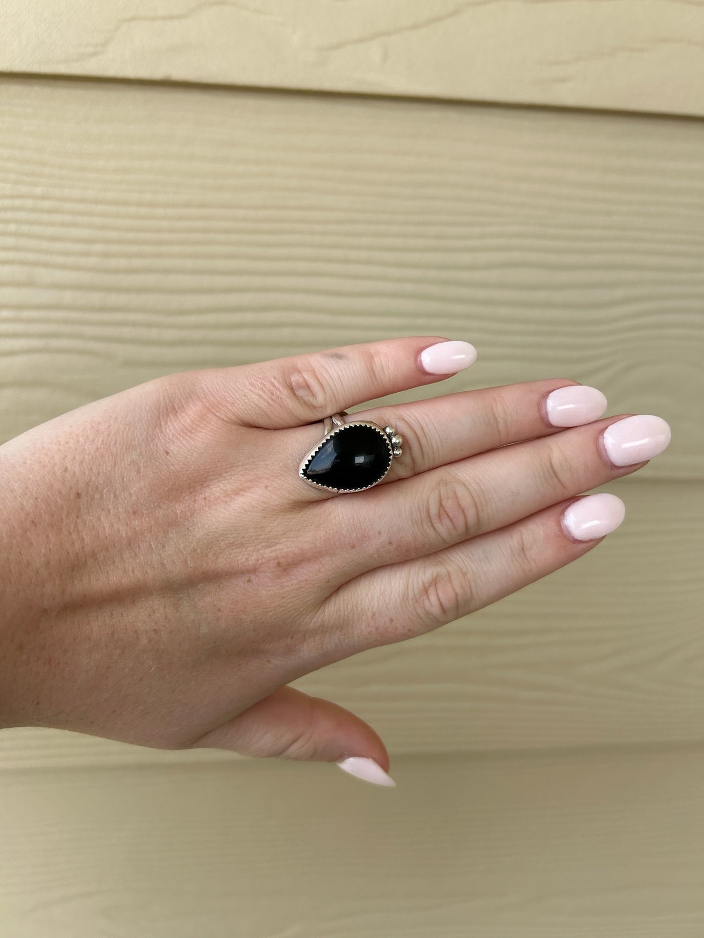 Black Onyx Teardrop Ring with Bottom Detail - Size 8