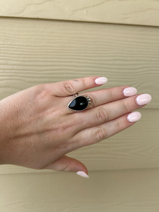 Black Onyx Teardrop Ring with Bottom Detail - Size 8
