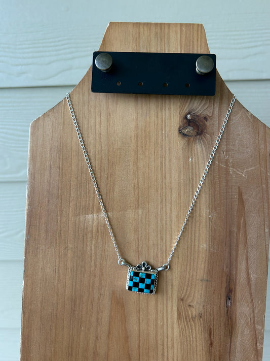 Turquoise and Black Onyx Checkered Bar Necklace - 17"