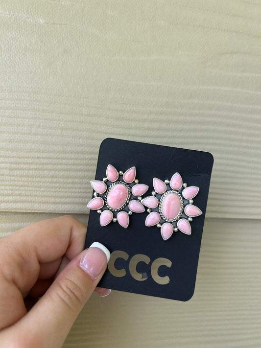 Pink Conch Large Flower Cluster Earrings