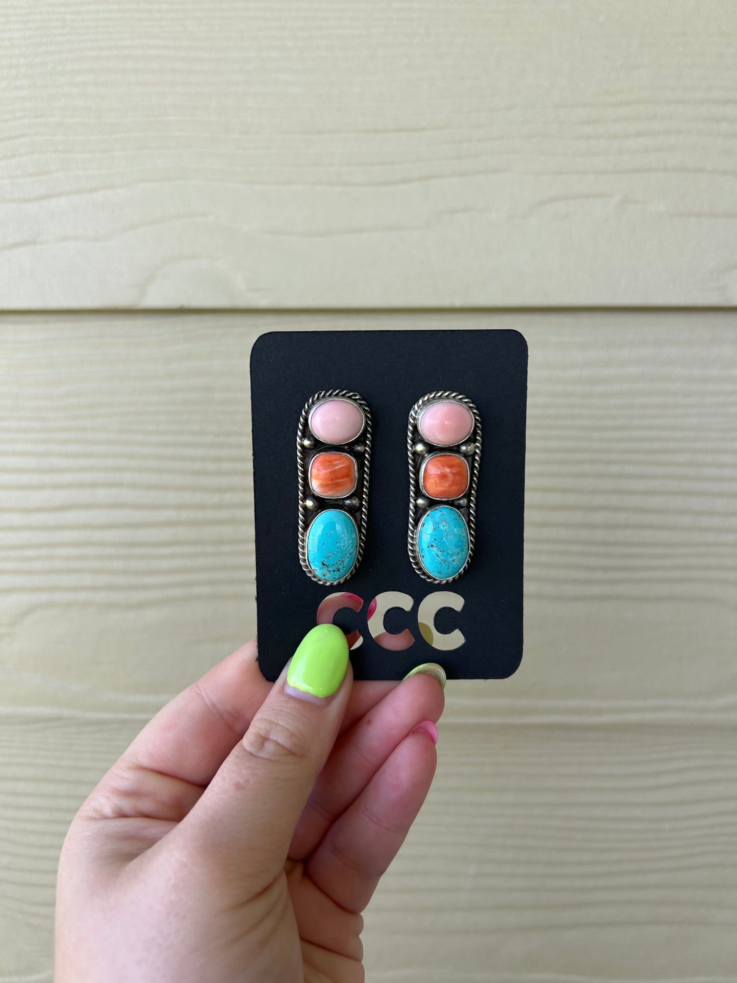 Pink Conch, Orange Spiny, and Turquoise 3-Stone Earrings
