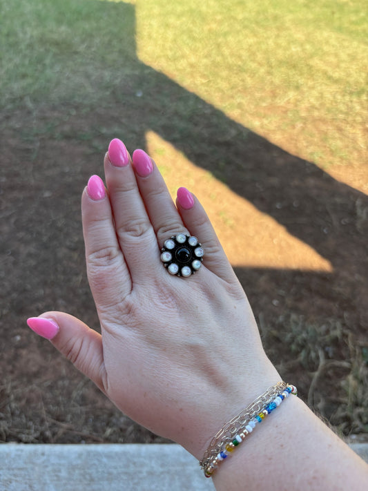 Black Onyx and Pearl Adjustable 9 Stone Flower Cluster Ring