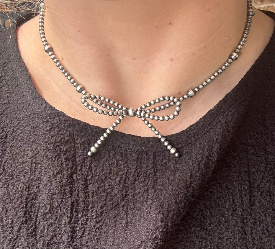 Sterling Pearl Bow Necklace - 15"
