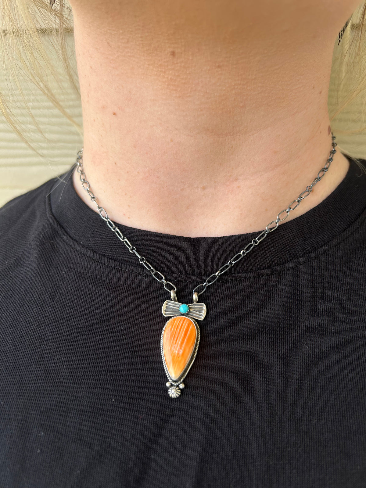 Orange Spiny Turquoise Bowtie Necklace - 18"