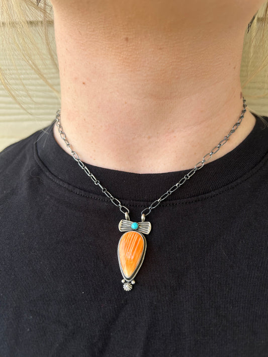 Orange Spiny Turquoise Bowtie Necklace - 18"