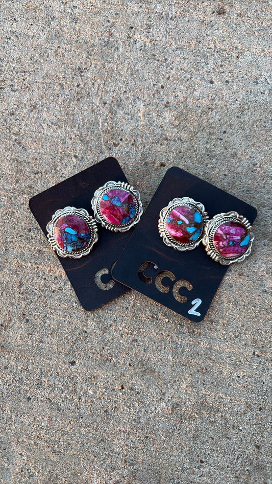 Pink Dahlia Large Circle Studs with Scroll Detail