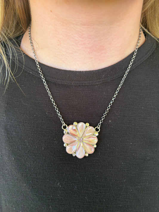 Pink Shell Flower Cluster Necklace - 18"