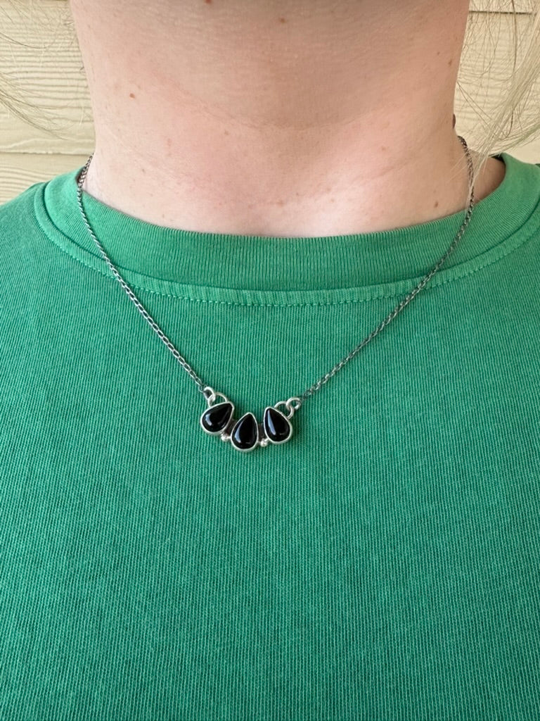 Black Onyx 3-Stone Cluster Necklace - 16"