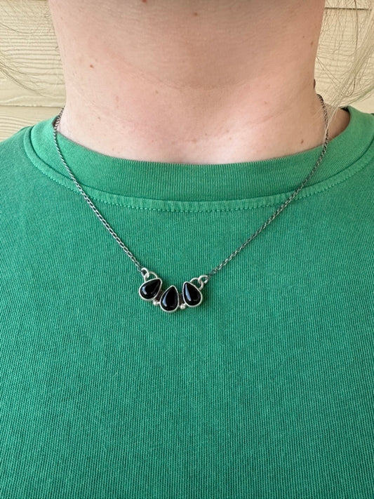 Black Onyx 3-Stone Cluster Necklace - 16"