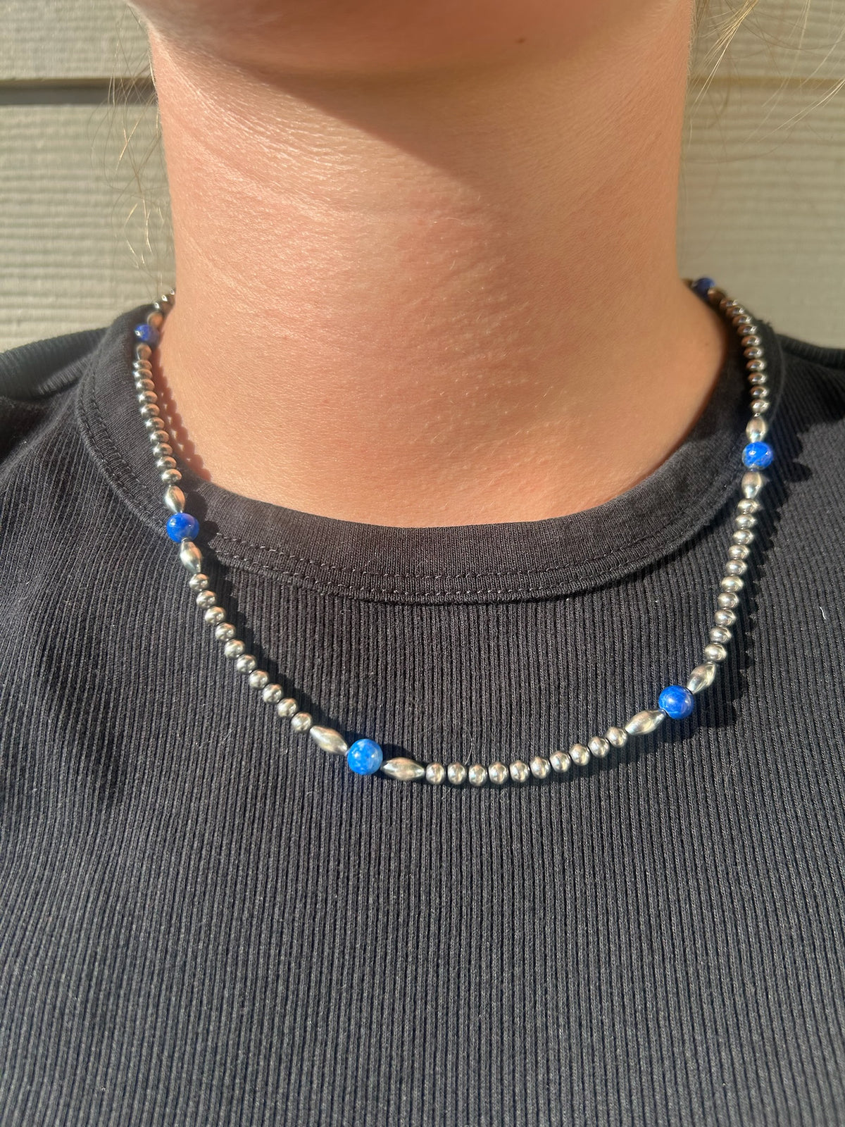 Blue Lapis with 4mm and Torpedo Sterling Pearl Necklace - 19"