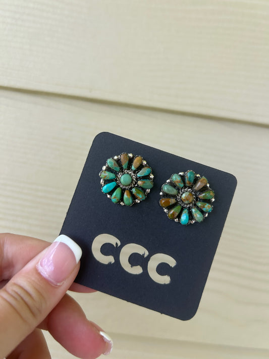 Turquoise Variated 10-Stone Flower Cluster Earrings
