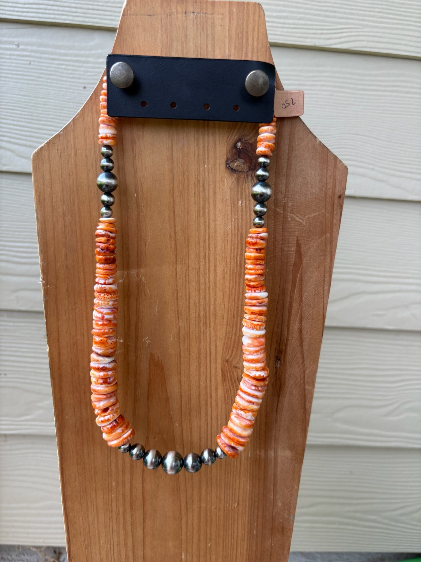 Orange Spiny Graduated Disc with Variated Sterling Pearls Necklace - 23"