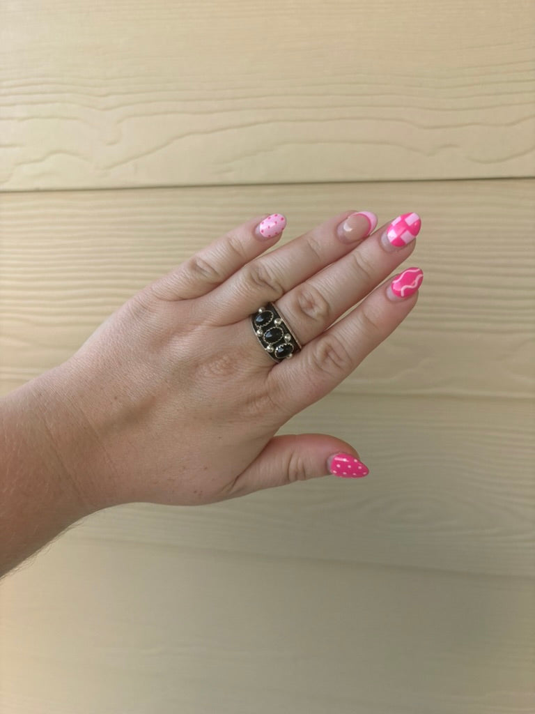 Black Onyx 3-Stone Raised Edge Ring - MULTIPLE SIZES