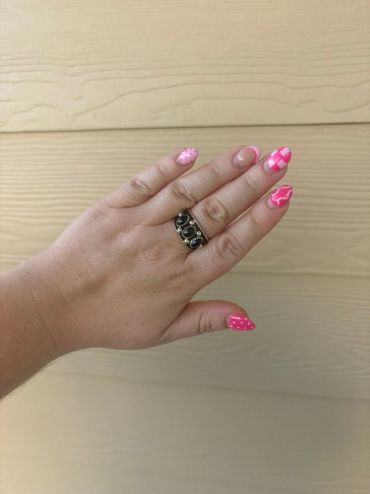 Black Onyx 3-Stone Raised Edge Ring - MULTIPLE SIZES