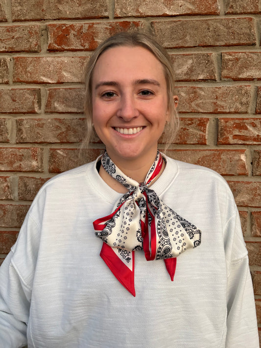 Red, White, and Black Paisley Patterned Reversible Twilly Scarf