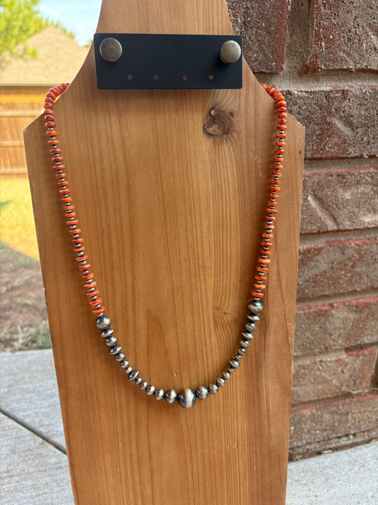 24" Orange Spiny with Sterling Pearl Center Necklace
