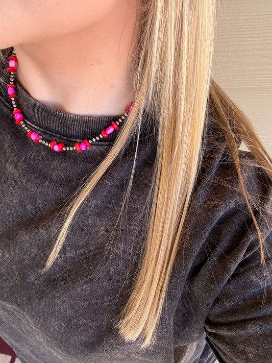 My Valentine Pink Dyed MOP and Red Coral Sterling Pearl Necklace - 18"