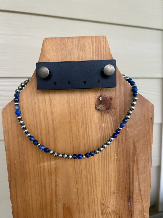 Blue Lapis and 6mm Necklace - 16"-18"