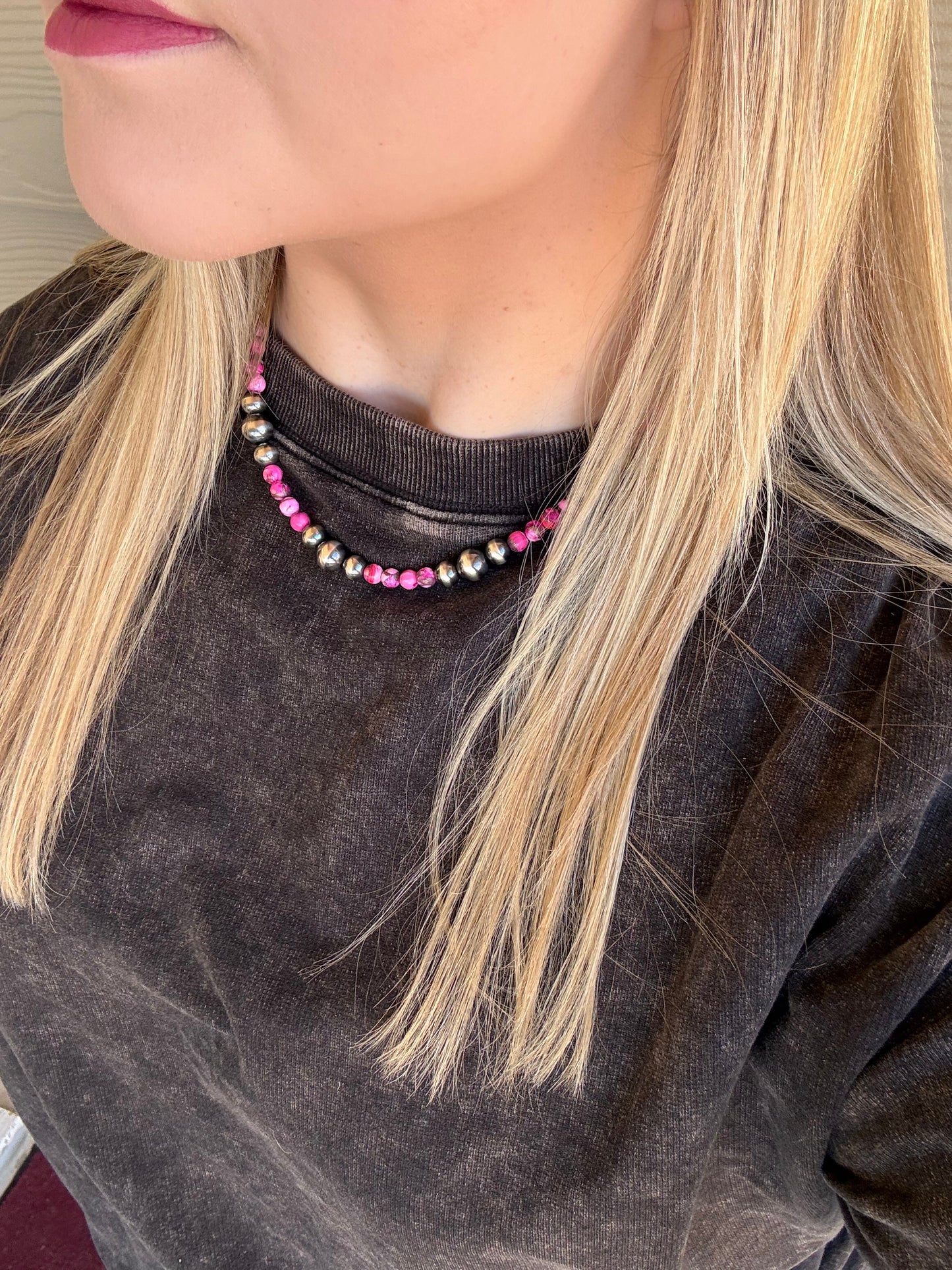 Pink Dahlia and Graduated Sterling Pearl Necklace - 17"