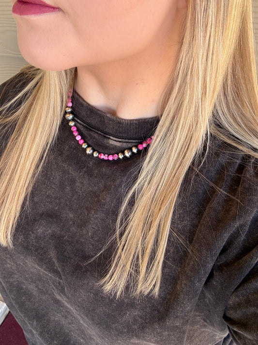 Pink Dahlia and Graduated Sterling Pearl Necklace - 17"