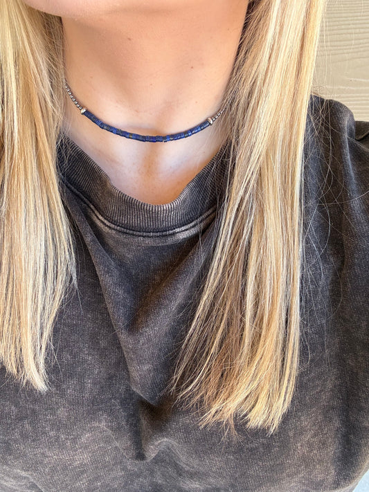 Blue Lapis Bar with 3mm Sterling Pearls - 14"-16"