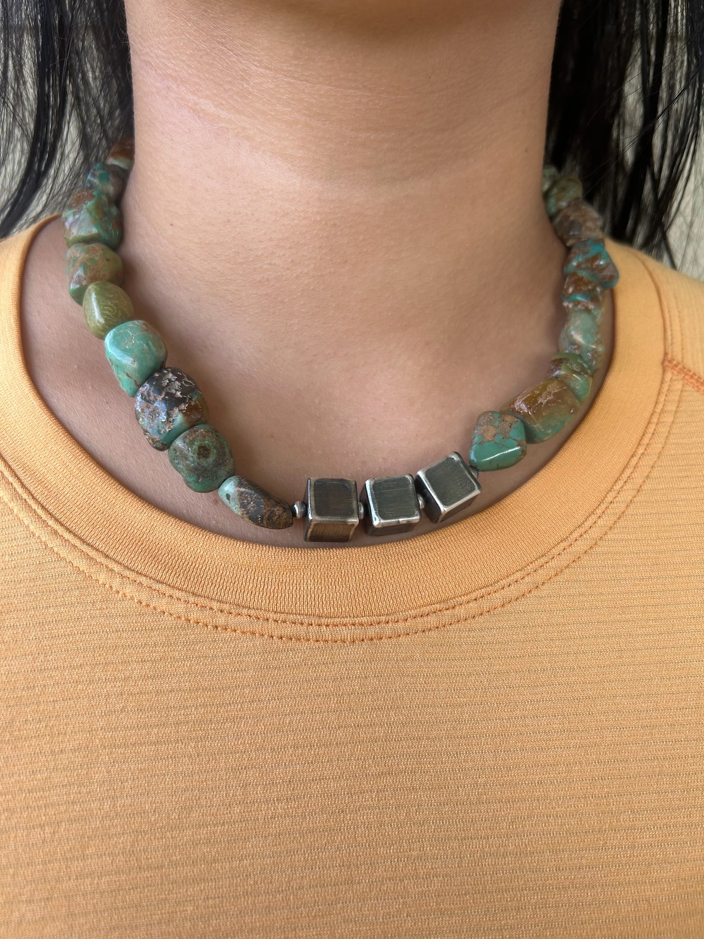 Green Kingman Medium Chunky Necklace with Square Sterling - 18"