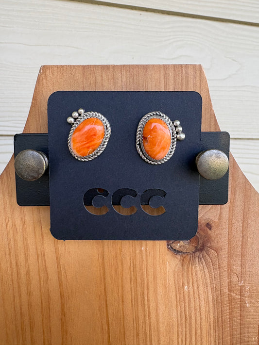 Orange Spiny Oval Studs with Side Dot Detail