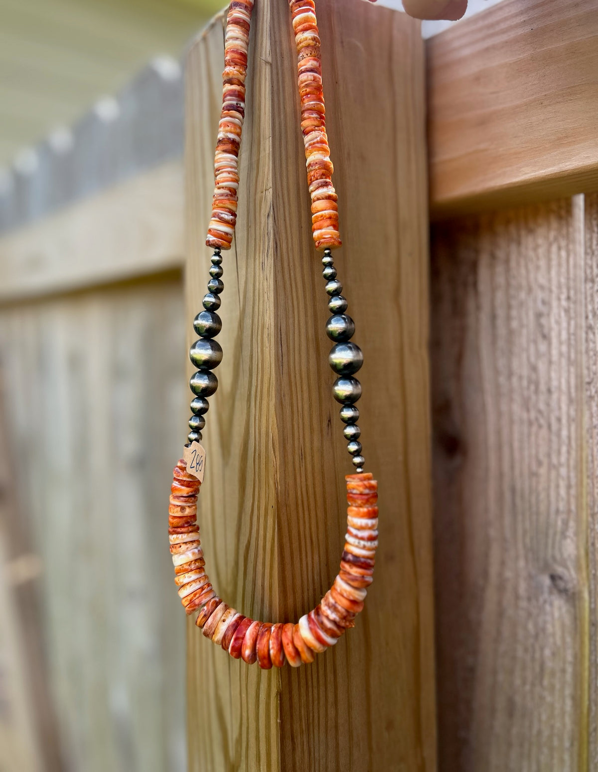 Orange Spiny Graduated Disc with Variated Sterling Pearls Necklace - 24 3/4"