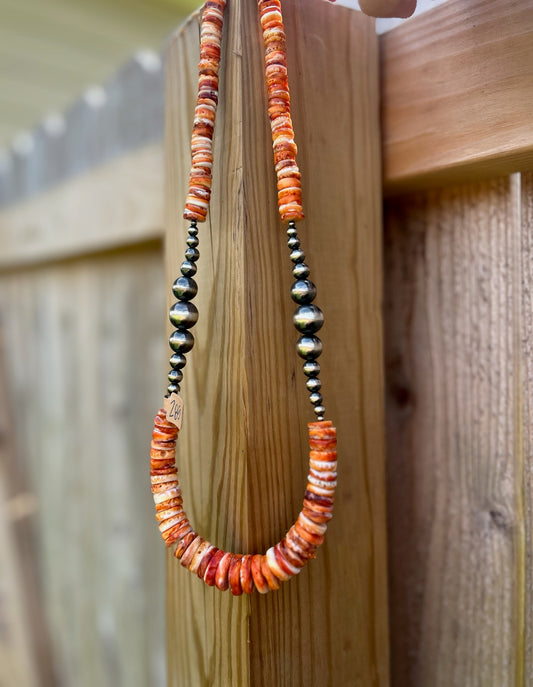 Orange Spiny Graduated Disc with Variated Sterling Pearls Necklace - 24 3/4"