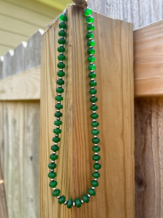Green Jade Rondelle with 4mm Sterling Pearls Necklace - 17.5"