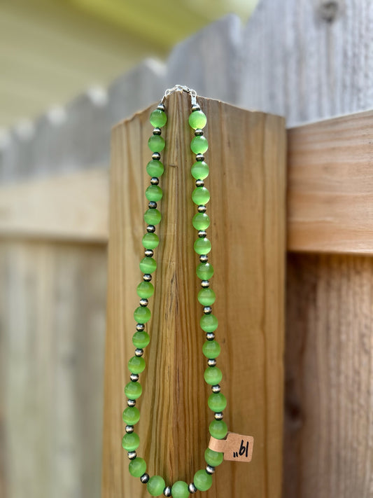 Lime Green Cateye with 5mm Sterling Pearls - 19"