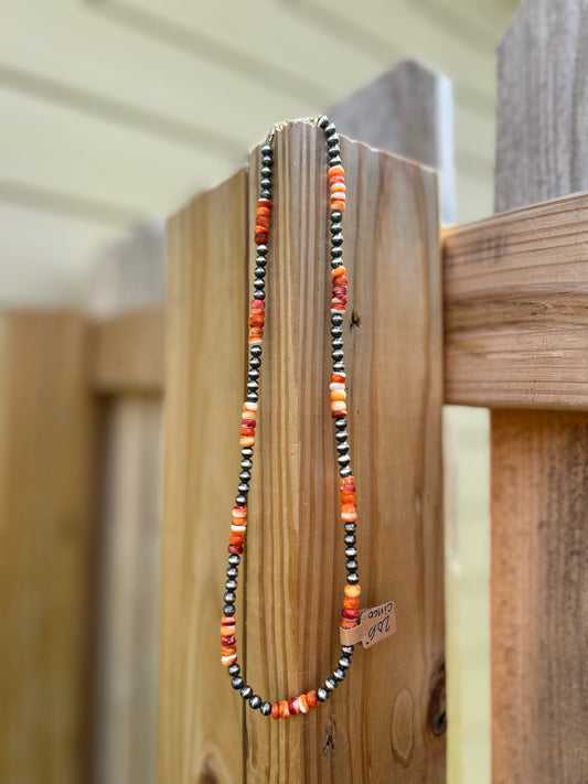 Cinco Orange Spiny and 5mm Sterling Pearls Necklace - 20.5"
