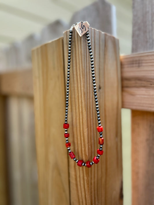 Red Coral Middle with 4mm Sterling Pearls Necklace - 15.5"