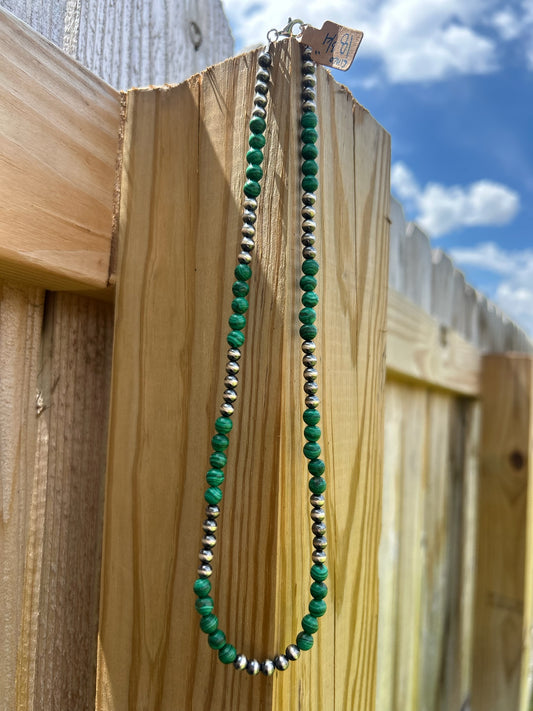 Cinco Malachite with 5mm Sterling Pearls - 18 3/4"